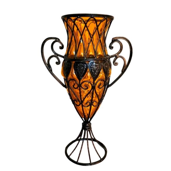 Vintage Handblown Amber Footed Vase Art Glass, Decor Vase Filigree - Picture 2 of 6